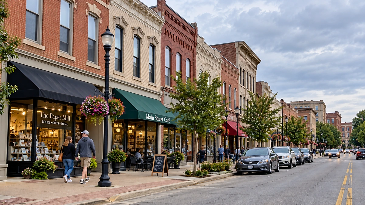 Residents walk past low-rise brick shopfronts on a city street with ordinary curbside parking.