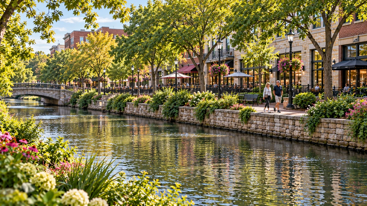 Two adults walk beside a landscaped river with downtown storefronts, viewed from the opposite bank.