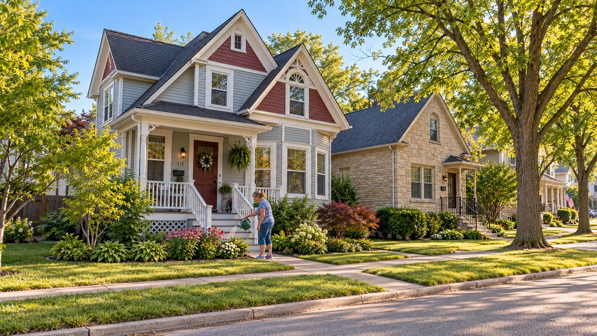 A resident waters a flower bed beside a complete older porch house and a neighboring limestone home.