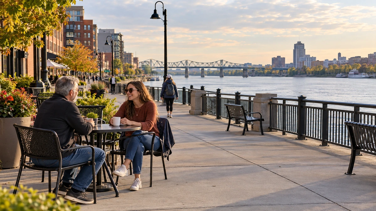 Two adults talk at a small riverside table while a walker follows a broad waterfront path.