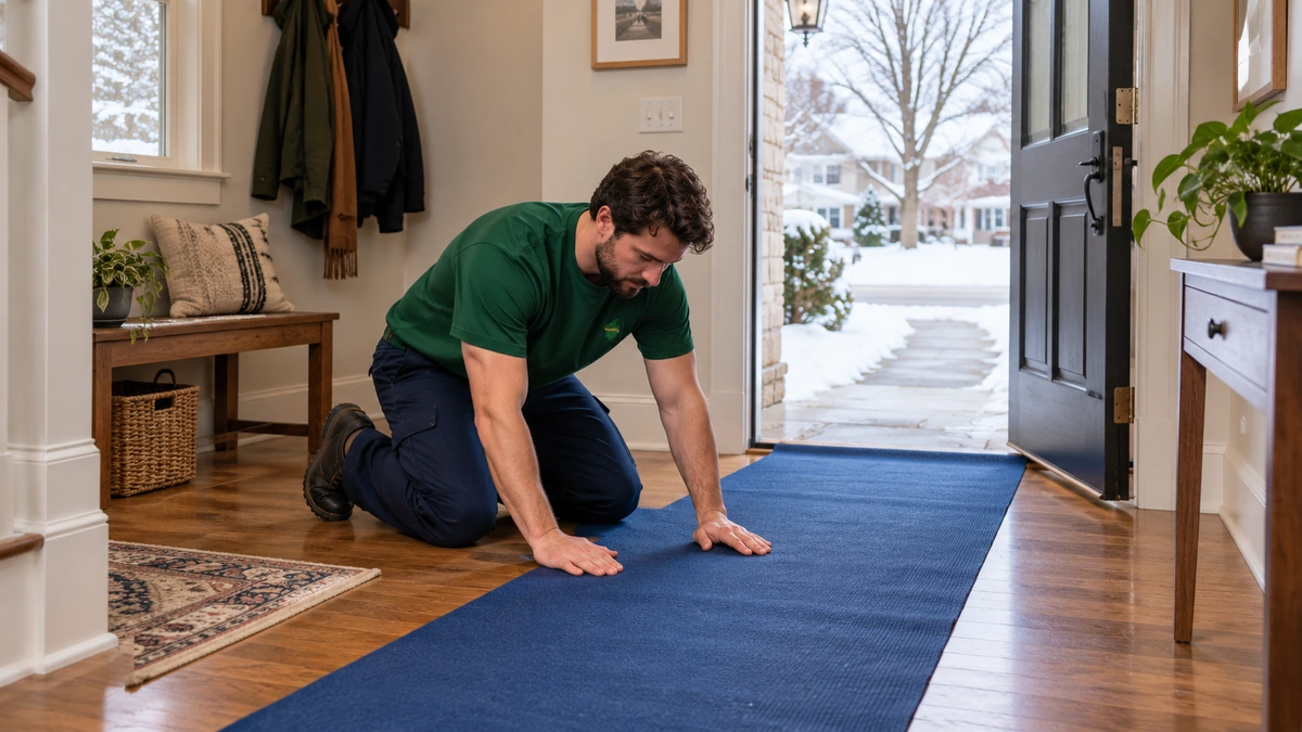 Mover smoothing a protective floor runner inside a snowy-day entrance