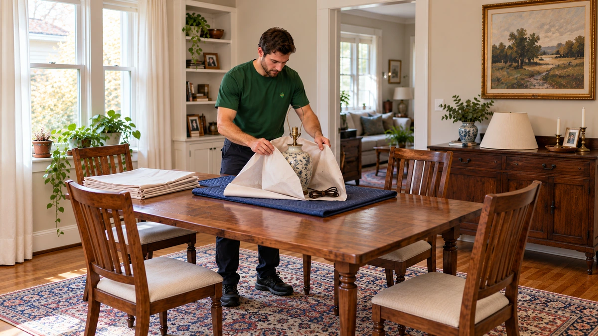 Mover folding packing paper around a lamp base on a protected dining table