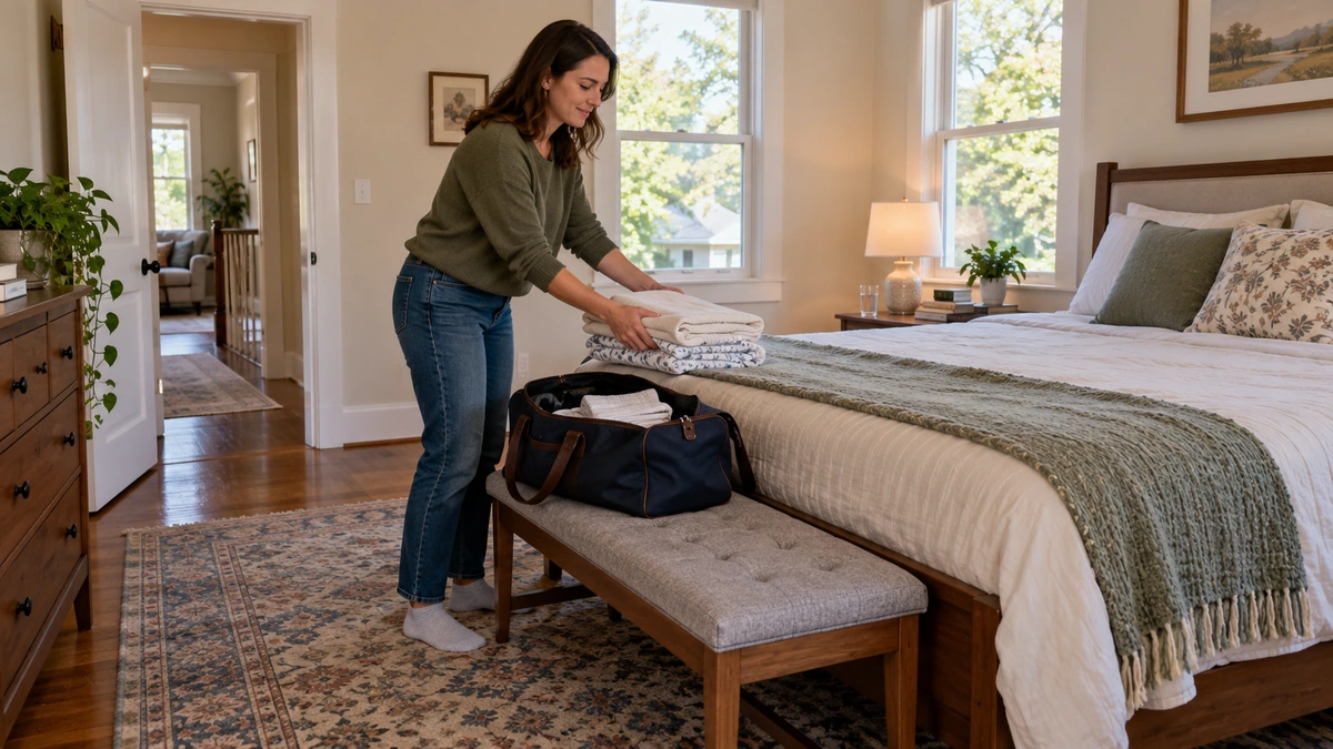 Resident setting folded bedding on a bed beside an open overnight bag