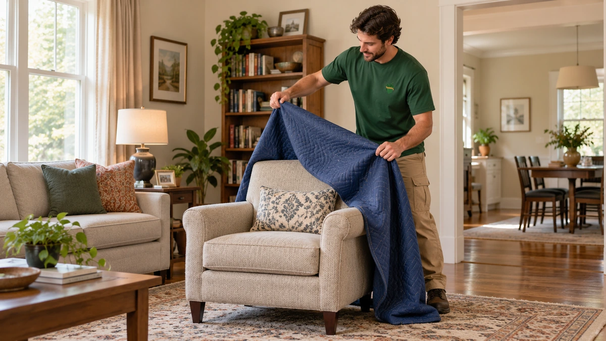 Mover lifting a loose blue moving blanket from an upholstered armchair