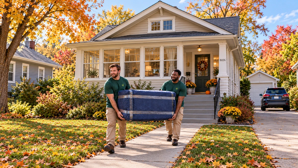 Indiana bungalow furniture carry with quilted protection Two movers carry a cabinet covered in navy quilted blankets along a front walk