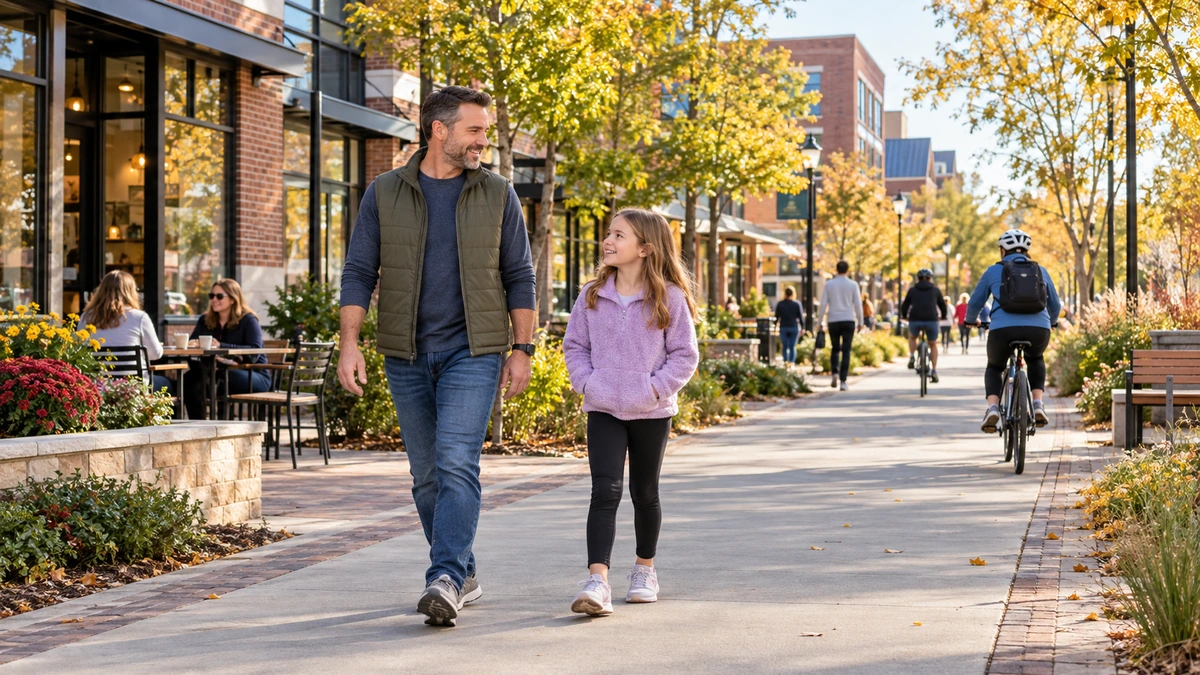 Carmel urban trail with a parent and child walking A man and girl walk along a broad urban trail beside shops and autumn trees