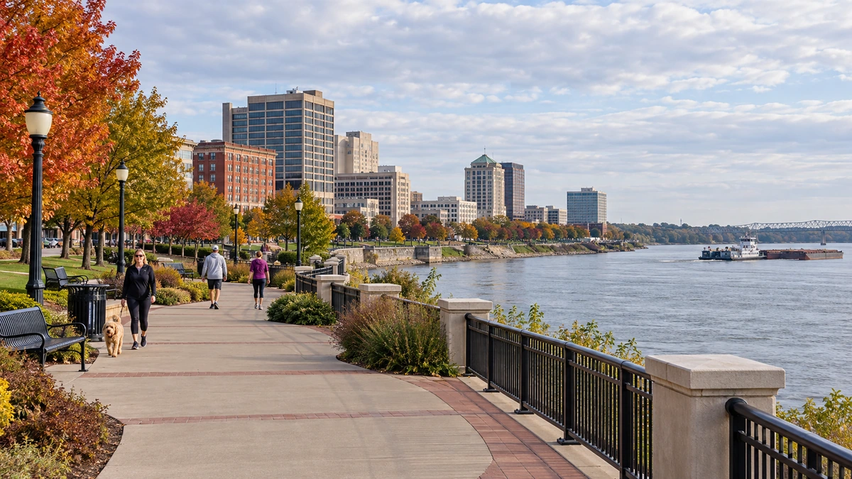 Evansville riverfront promenade and autumn city surroundings People walk beside a broad river with autumn trees and city buildings beyond