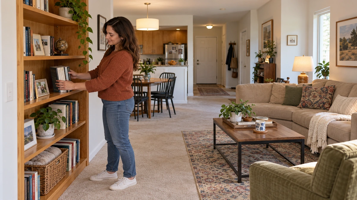 Indiana first-week home setup with books on a shelf A woman arranges books on a wooden shelf in a furnished home