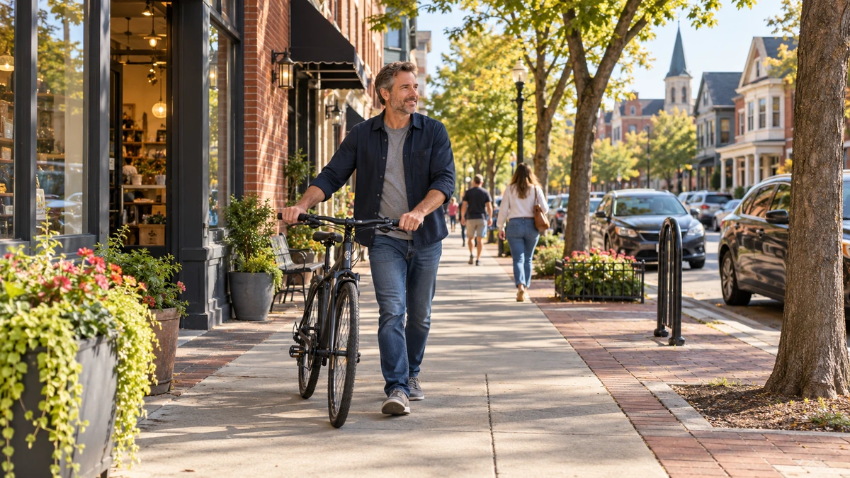 Fort Wayne neighborhood street with a man walking a bicycle A man walks a bicycle beside brick shops and autumn trees