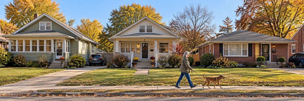 Indiana homes with porches and a woman walking a dog An older woman walks a brown dog past Indiana homes and autumn trees