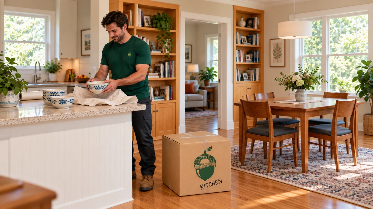 Indiana kitchen bowl packing at a peninsula A mover holds a ceramic bowl over packing paper beside matching bowls and a closed carton