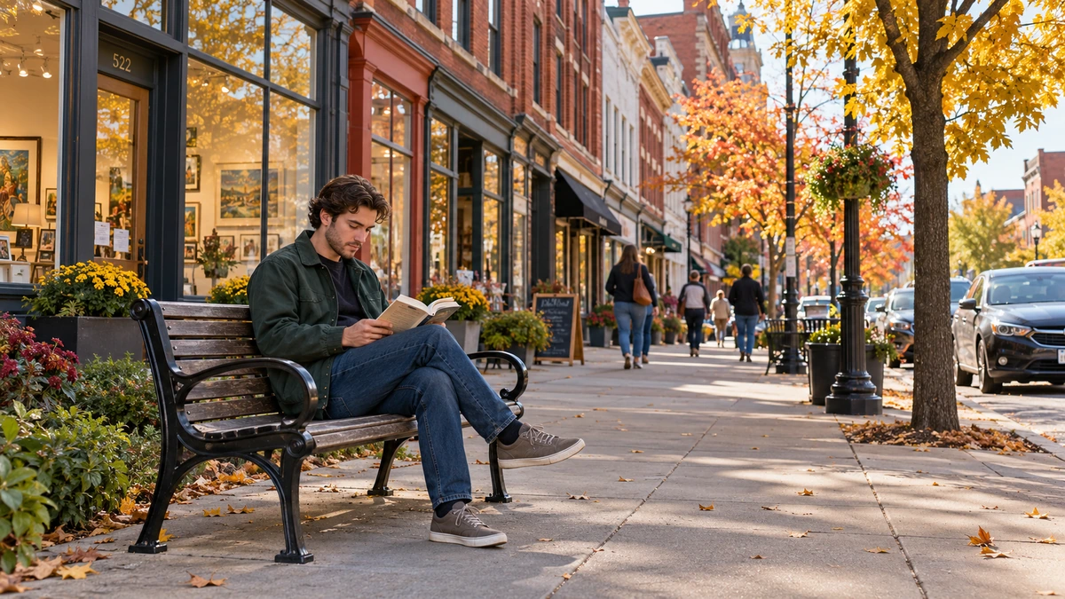 Lafayette downtown bench with a man reading A young man reads a paperback on a wooden bench beside autumn shop fronts