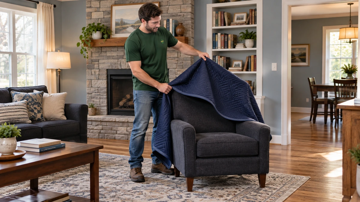 Indiana living room armchair unwrapping after placement A mover lifts a loose navy blanket from an armchair standing on a rug