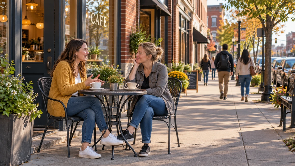 Muncie downtown sidewalk café conversation Two women talk over coffee at a small outdoor café table