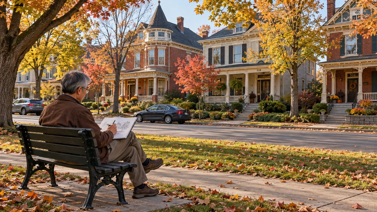 New Albany historic homes with a resident sketching An older man sketches historic houses from a public bench beneath autumn trees
