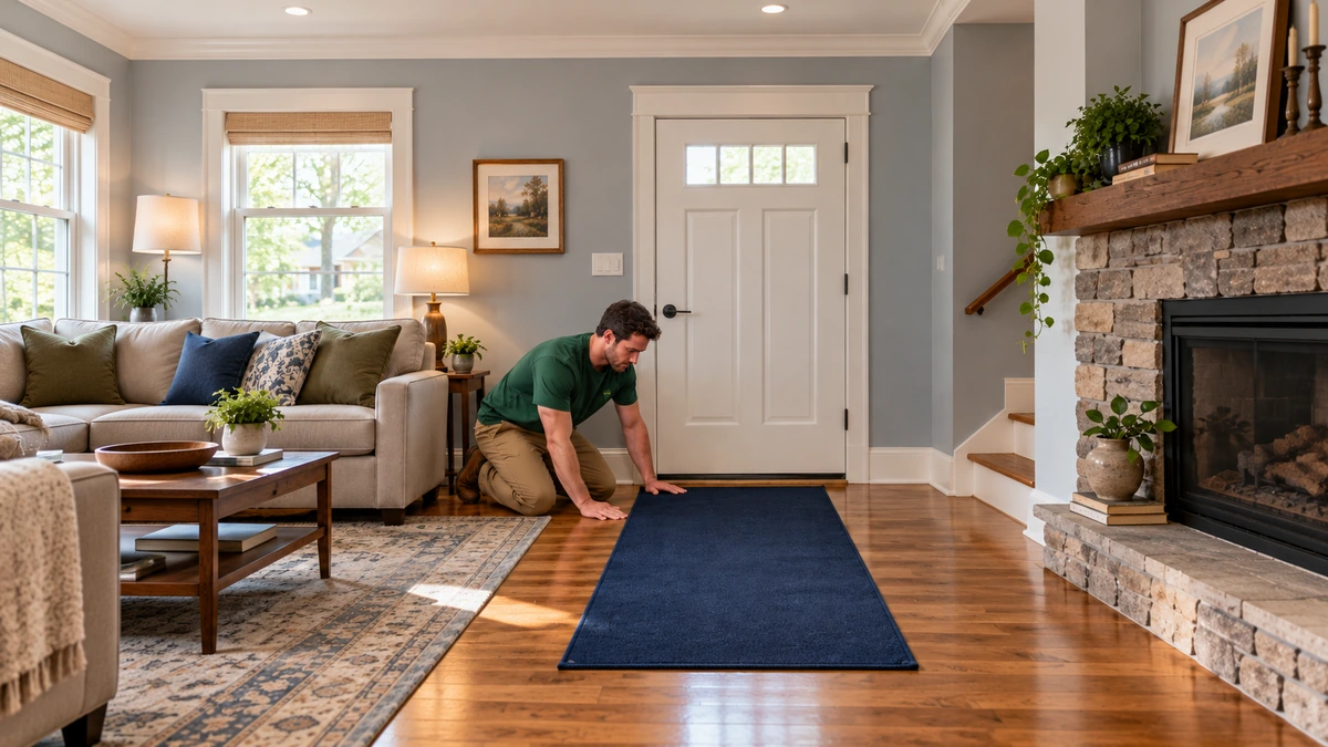 Indiana ranch entry with a mover preparing floor protection A kneeling mover smooths a navy floor runner beside a closed white front door