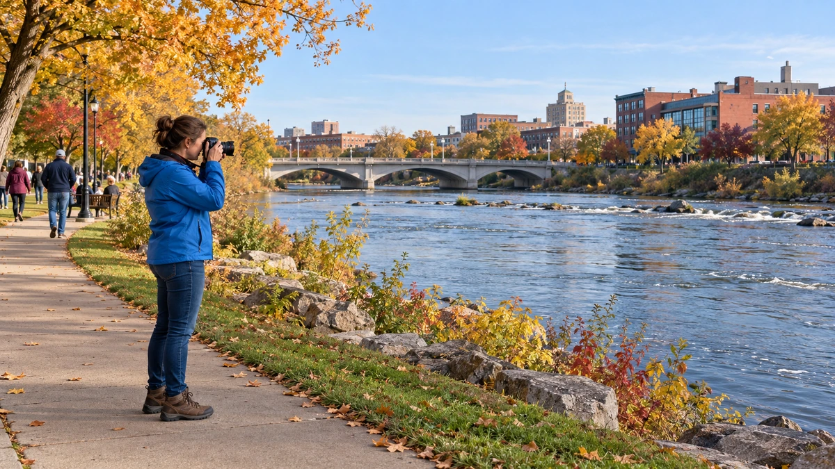 South Bend river park with a woman taking a photograph A woman in a blue jacket photographs a river beside an autumn park path