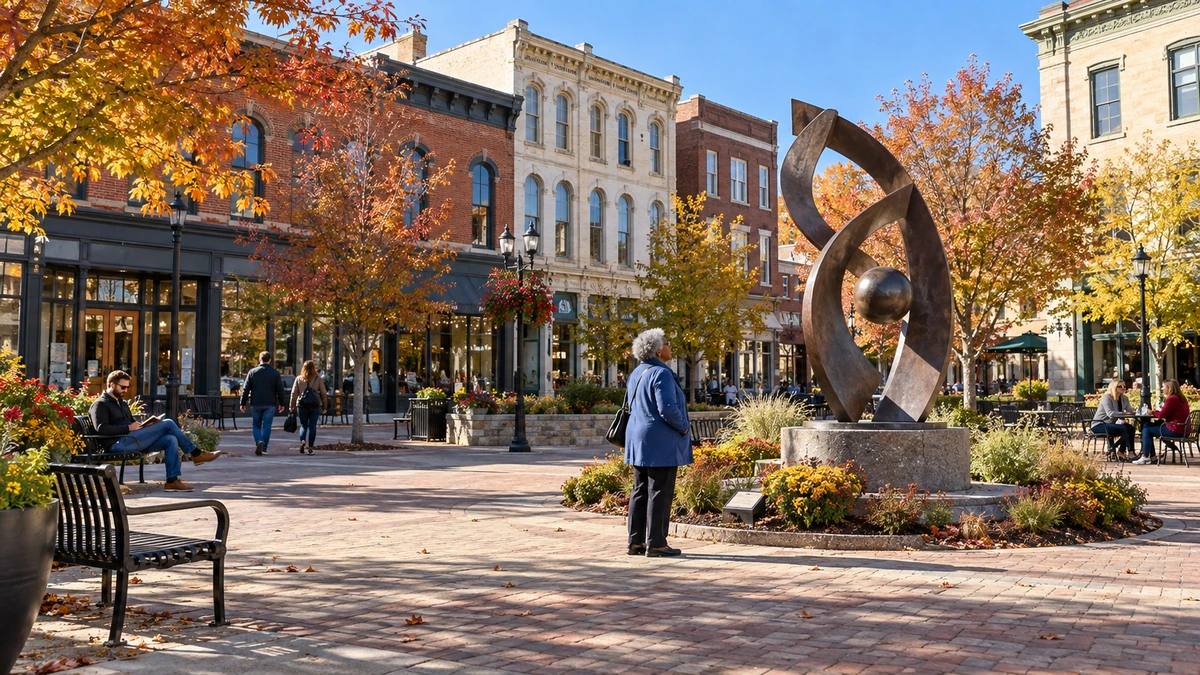Terre Haute arts square with a visitor viewing sculpture A woman looks at an abstract sculpture in a paved square surrounded by historic buildings