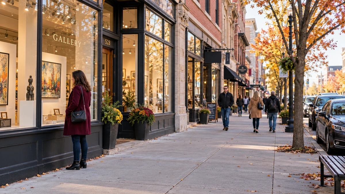 Indianapolis arts street with a woman at a gallery window A woman in a burgundy coat looks into a gallery window on an autumn city sidewalk