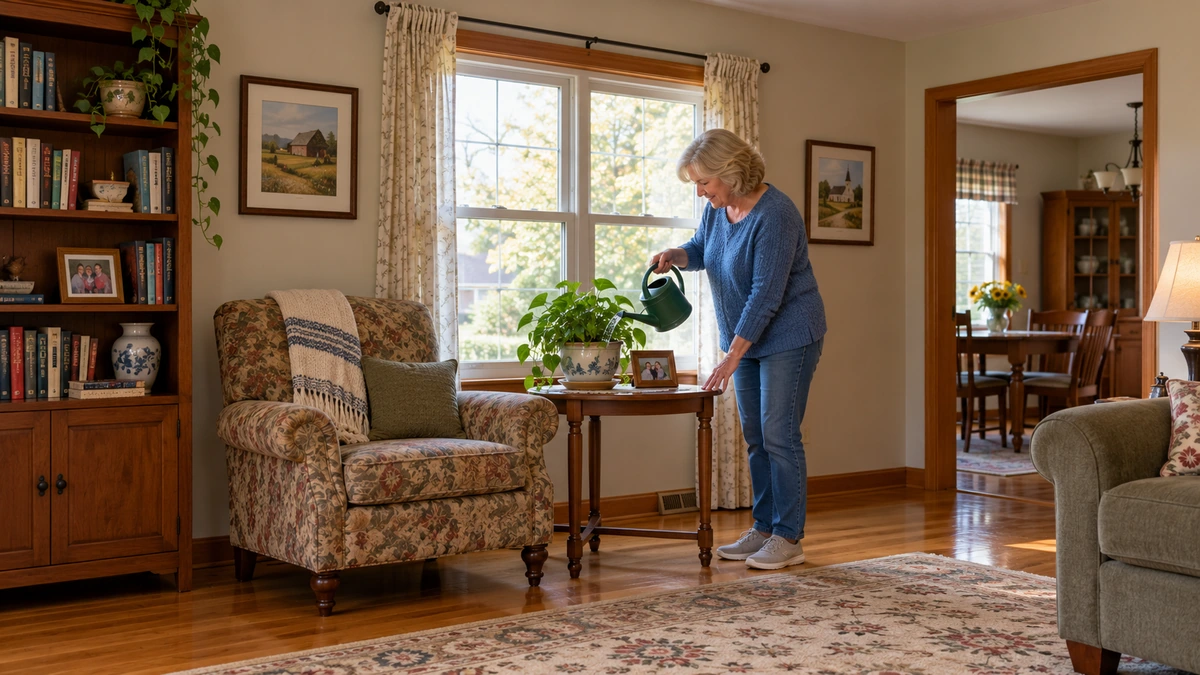 A woman waters a plant beside a living-room window