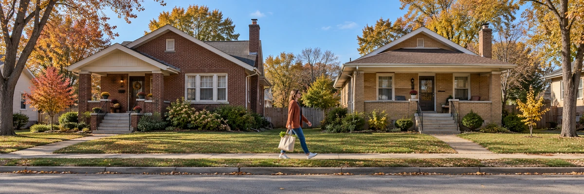 A woman carries a canvas bag past two brick bungalows