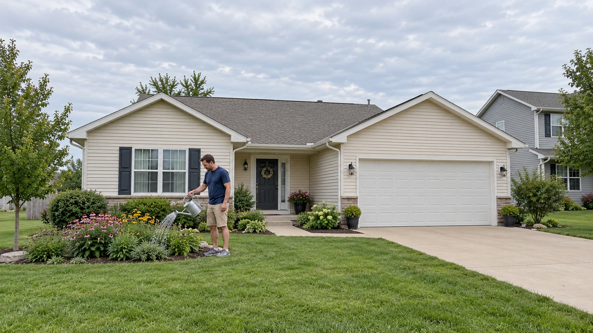A man waters a garden outside a single-storey home