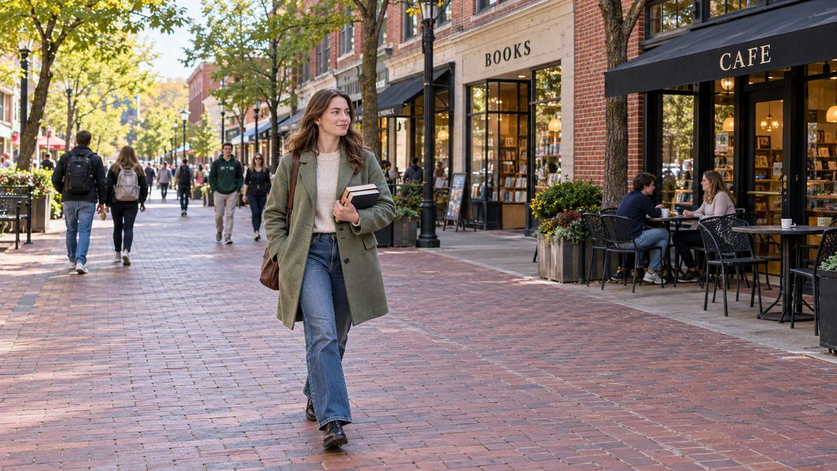 A woman carries books through a pedestrian shopping district