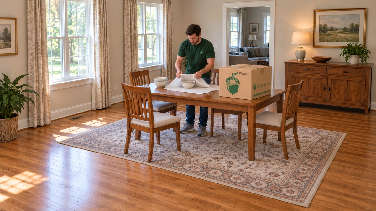 A packer folds paper around a bowl at a dining table