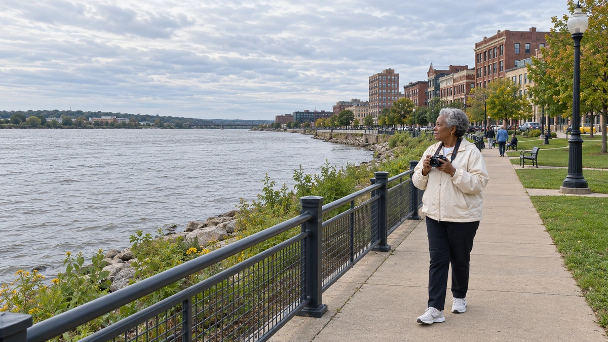An older woman holds a camera beside a broad river