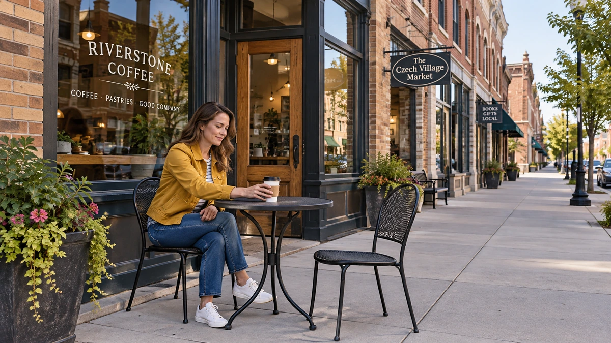 A woman sets a coffee cup on a café table