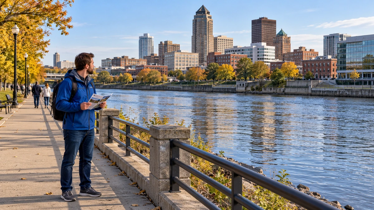 A man holds a visitor leaflet beside a city river