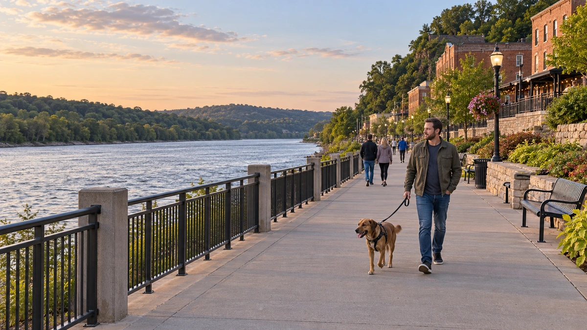A man walks a leashed dog beside a broad river
