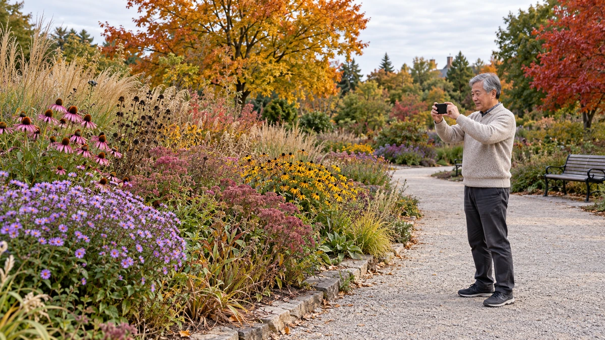 An older man photographs an autumn garden with a phone