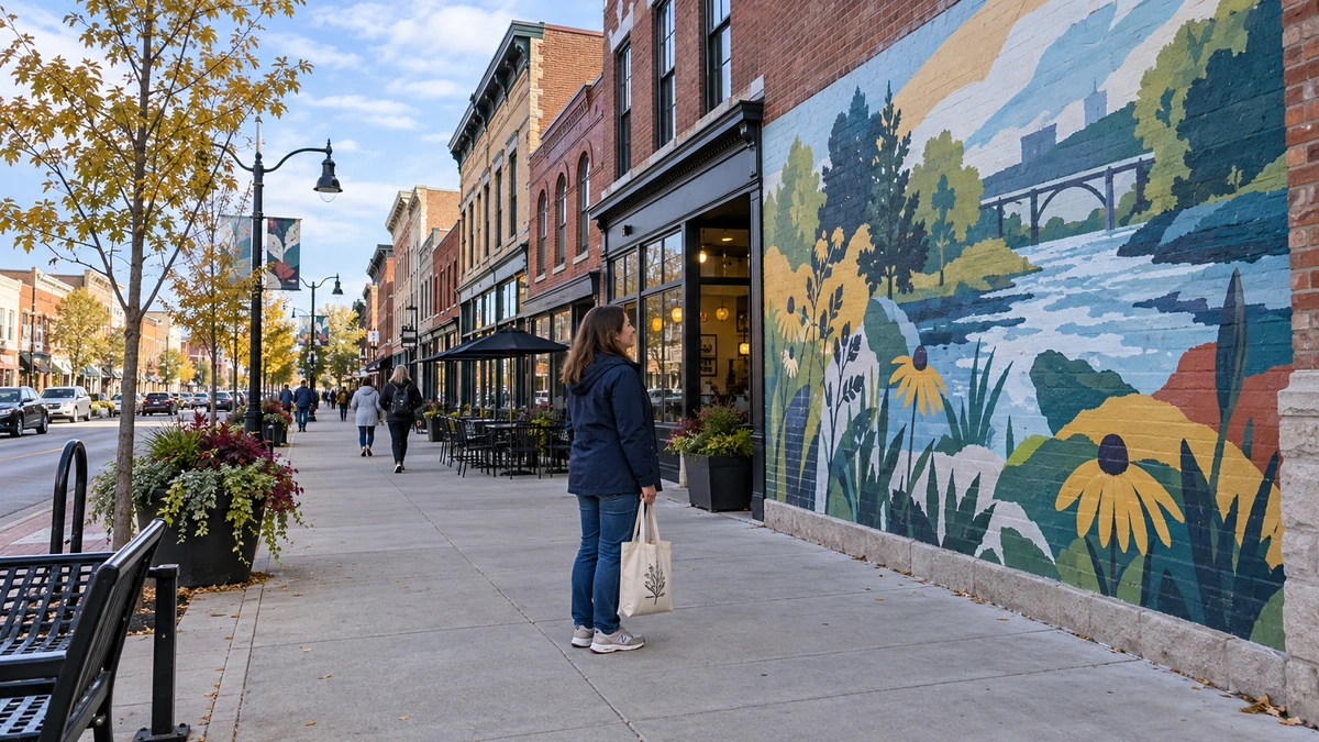 A woman pauses beside a painted city wall