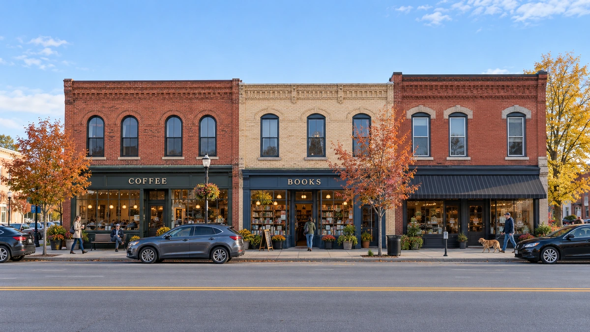 People use a quiet street outside low brick shops