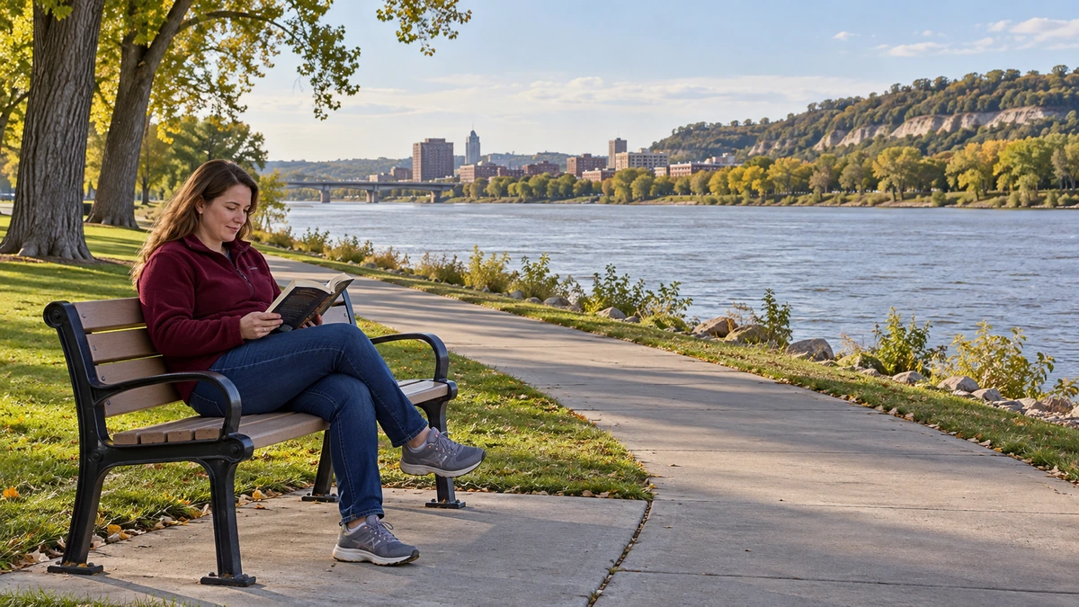 A woman reads a paperback on a riverside bench