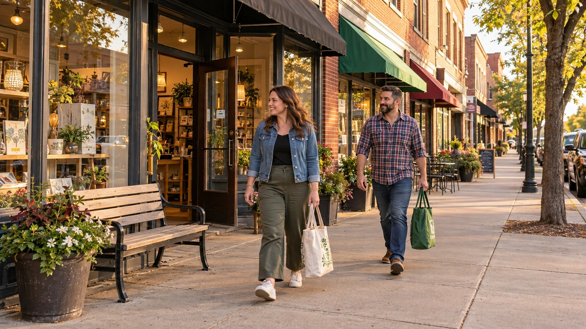 Two adults carry reusable shopping bags past storefronts