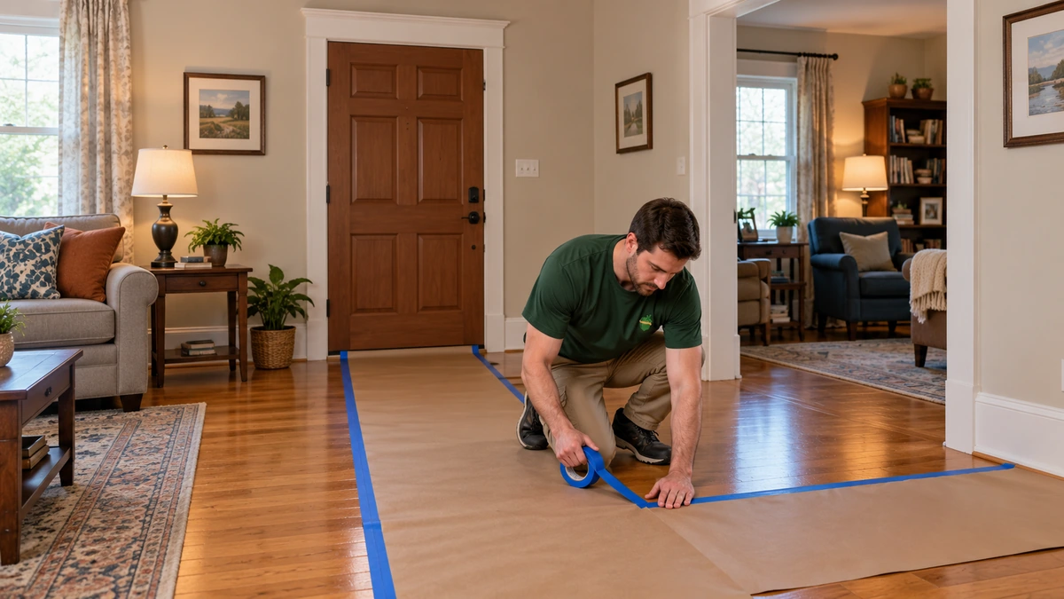 A mover presses blue tape along heavy floor-protection paper