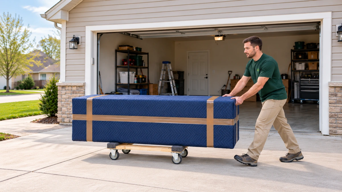 A mover guides a quilt-wrapped cabinet on a furniture dolly