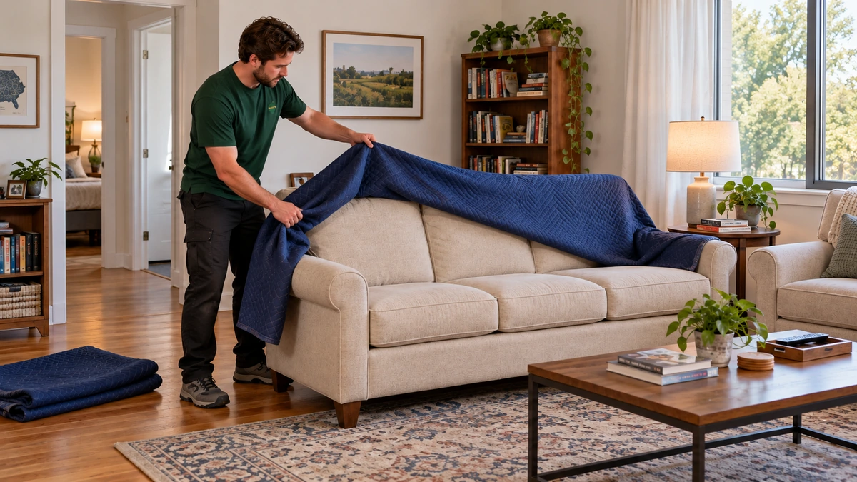 A mover lifts a loose quilt away from a sofa