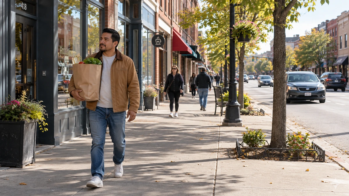 A man carries a paper grocery bag along a tree-lined shopping sidewalk