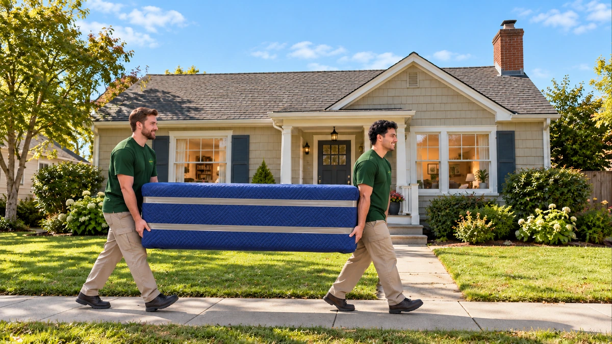 Two male movers carry a fully padded rectangular load along a level sidewalk