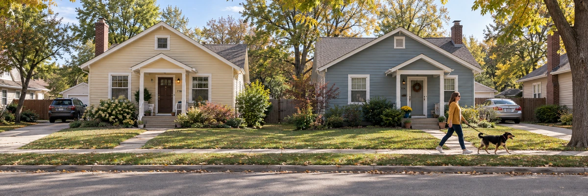 A woman walks a black-and-tan dog past two sided cottages in autumn