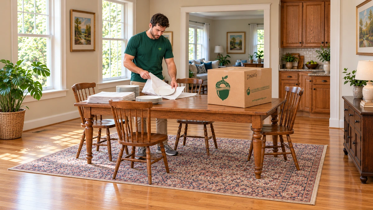 A male packer folds paper around a plate on a complete dining table beside a labeled carton