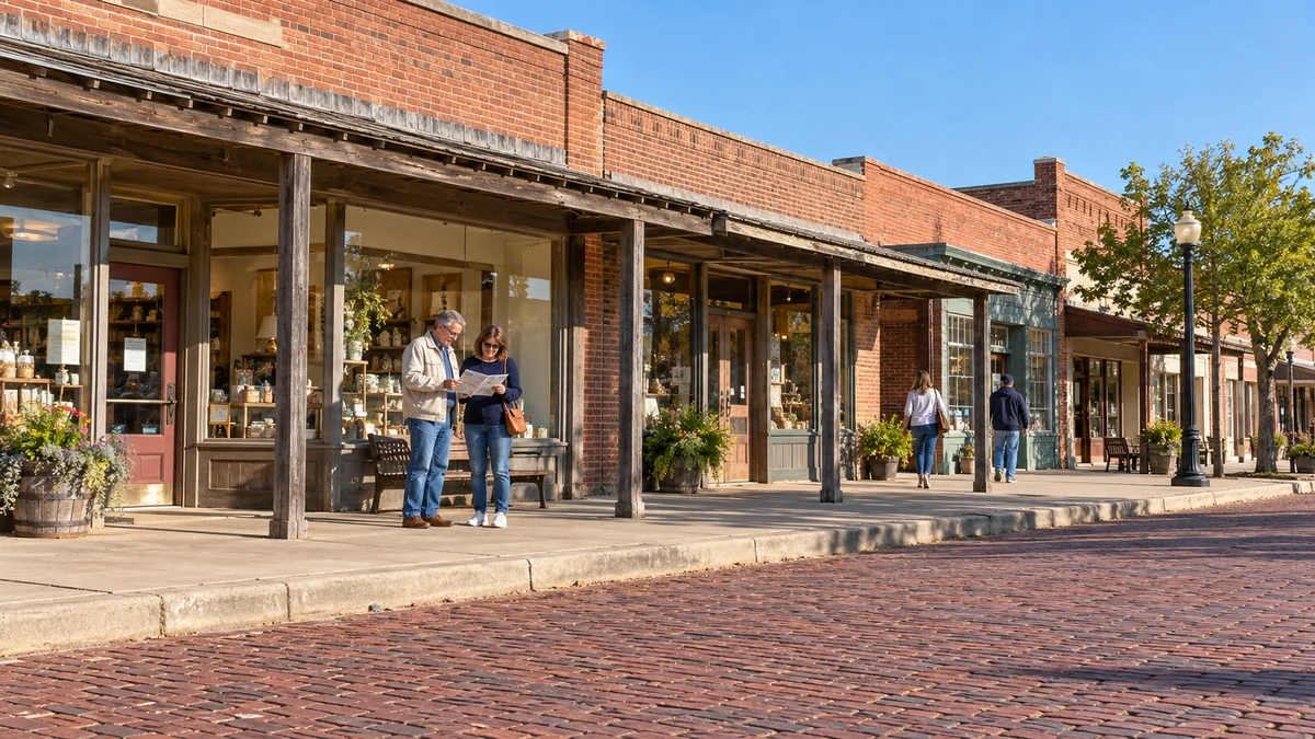 Two adults read a leaflet beneath a covered downtown sidewalk