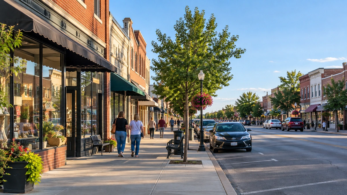 A broad downtown street with pedestrians on its connected sidewalks