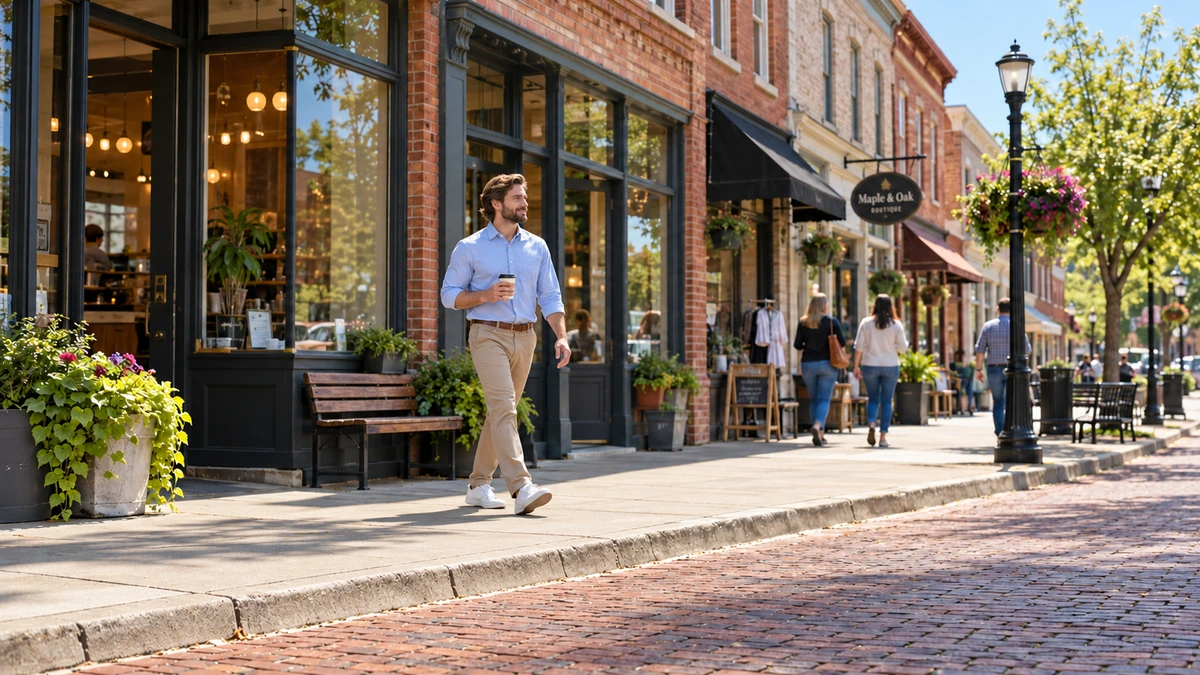 A man walks along a downtown sidewalk holding a takeaway cup