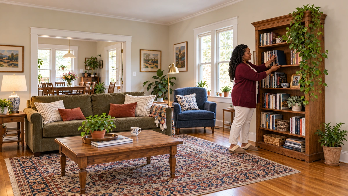 A woman places an upright book into a gap on a complete wooden bookcase