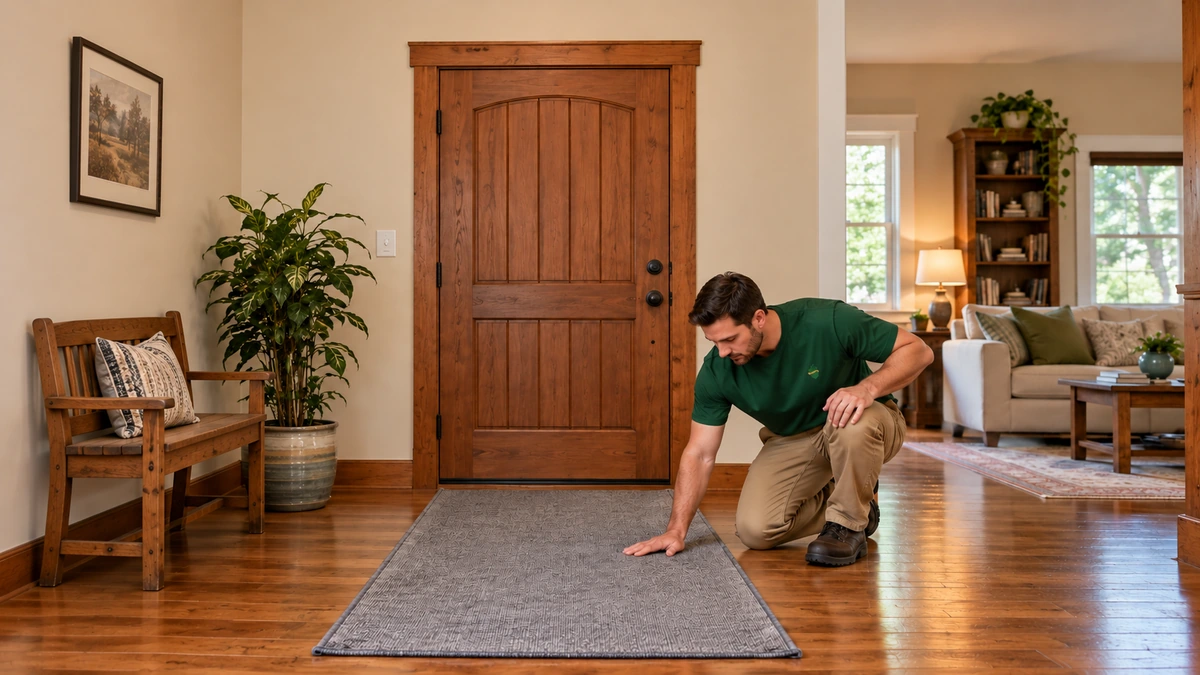 A male mover smooths a finite gray protective runner beside a closed timber door
