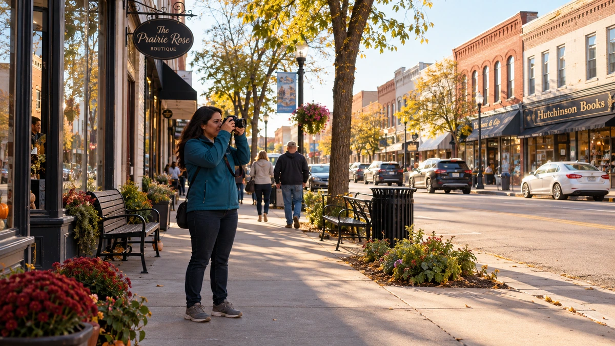 A woman stands on a downtown sidewalk holding a camera to her eye